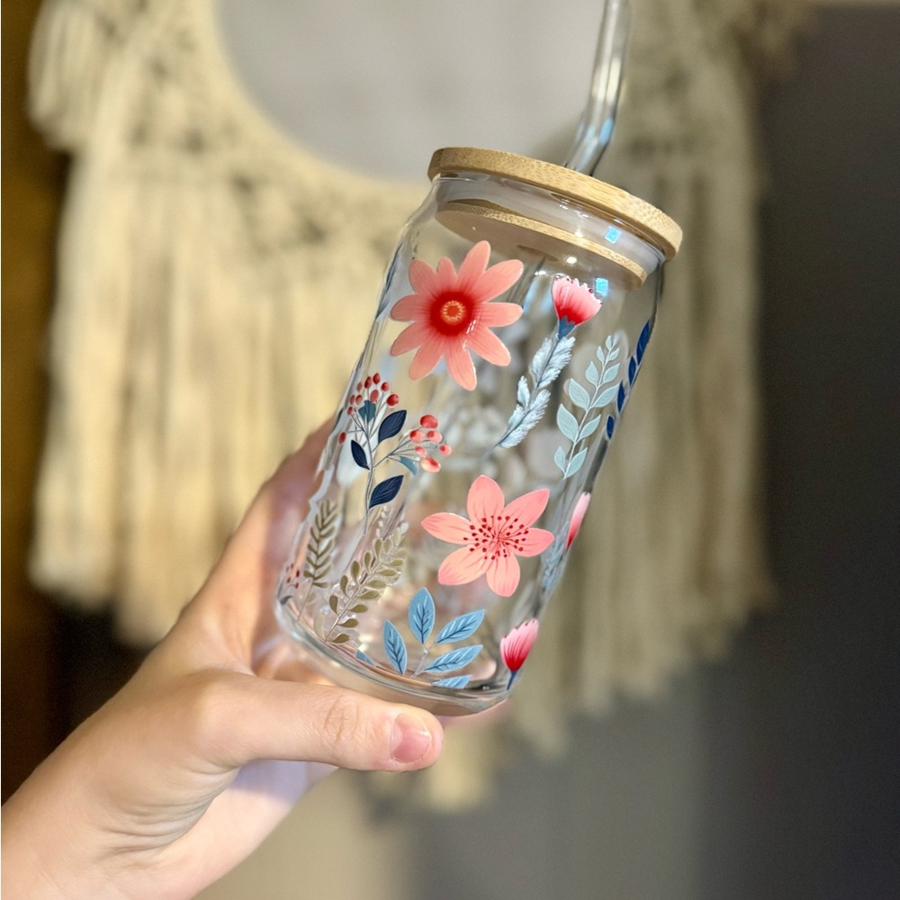Floral Glass Tumbler with Straw
